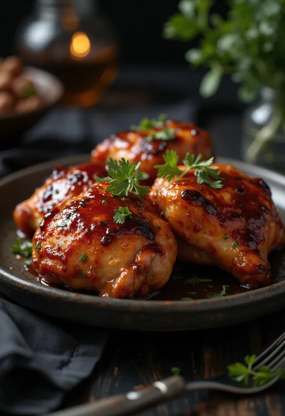 Fırında pişmiş, kızarmış patatesle servis edilen BBQ tavuk butları