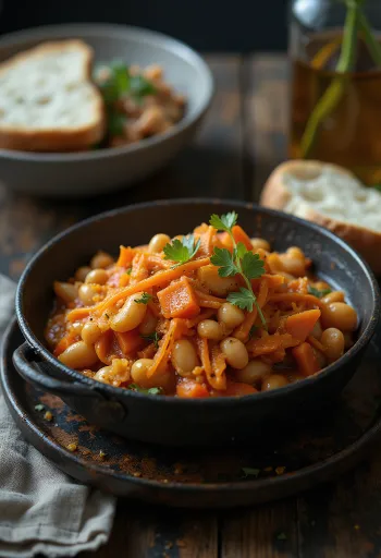 Zencefilli Chakalaka, sebzeler ve fasulye ile servis edilmiş