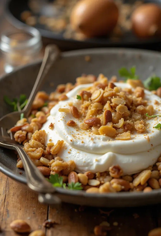 Kavrulmuş Kuruyemişli Fatteh, kızarmış pita parçaları, nohut, tahinli yoğurt, kavrulmuş çam fıstığı, badem ve ceviz ile.