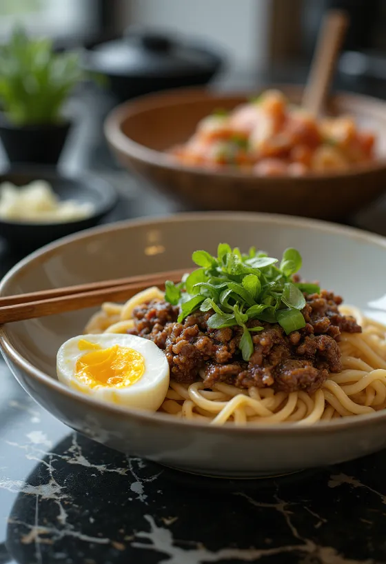 Kıyma ve haşlanmış yumurta ile Mazemen kuru, soslu ramen
