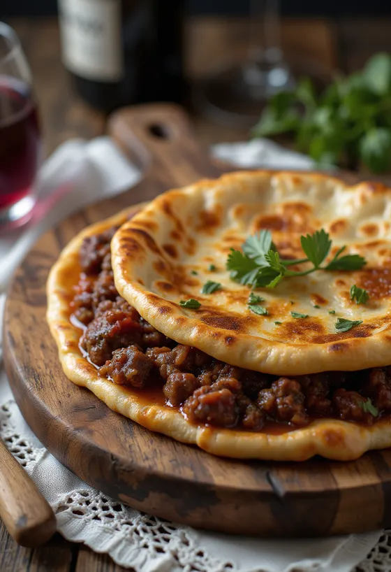 Kırmızı şaraplı sığır eti yahnili piadina servisi