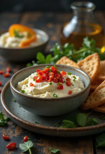 Vegan Tirokafteri, pide ekmeği ve sebzelerle servis edilen zengin vegan peynir ezmesi