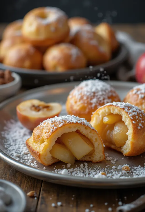 Altın sarısı pişmiş, üzerine pudra şekeri serpilmiş elmalı tarçınlı dolgulu Æbleskiver