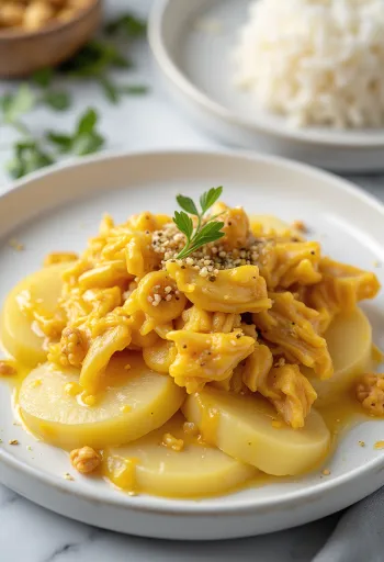 Yumurtasız Ají de gallina, kremsi sarı soslu tavuk, pirinç ve patates ile servis edilmiş