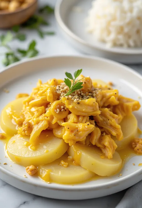Yumurtasız Ají de gallina, kremsi sarı soslu tavuk, pirinç ve patates ile servis edilmiş