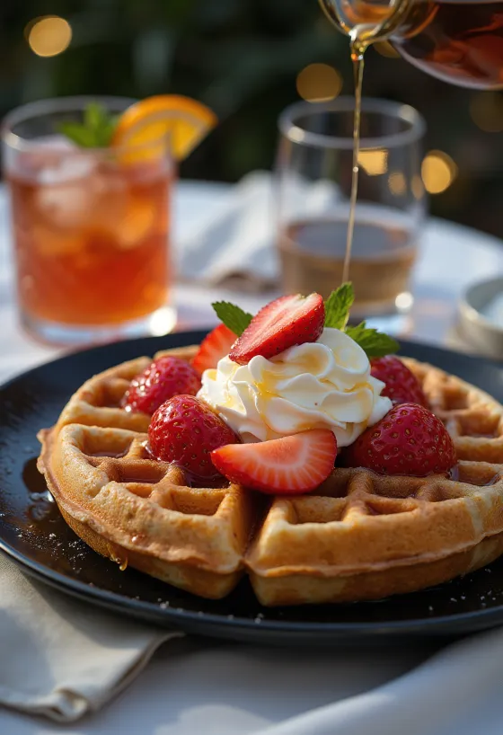Alkollü krem şanti ve çilek ile servis edilmiş kokteyl waffle