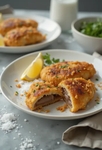 Altın renginde kızarmış çıtır domuz ciğeri, taze salata ile servis edilmiş.