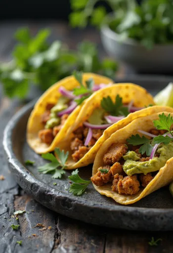 Avokado ve kişnişli, lime suyu ile servis edilen Tempeh tacos