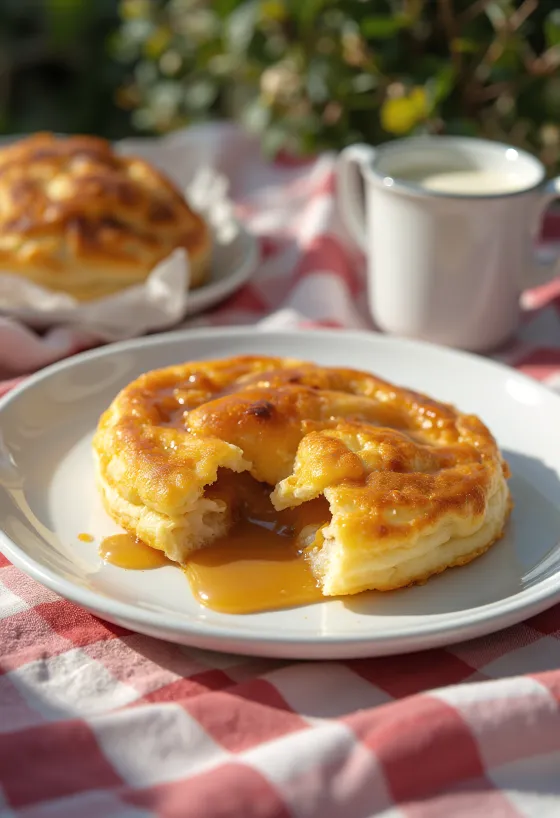 Altın sarısı pişmiş, üzerine pudra şekeri serpilmiş karamell kremalı æbleskiver