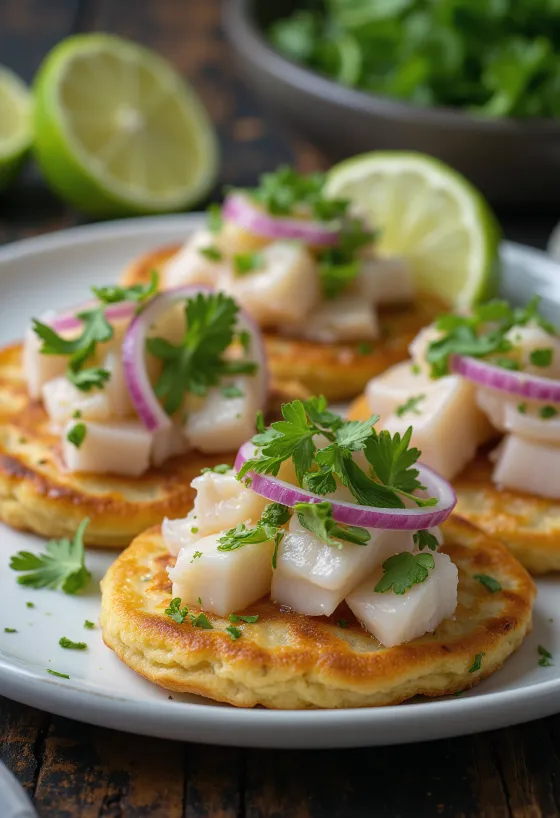 Taze deniz balığı ve avokado ile servis edilen Ceviche krep