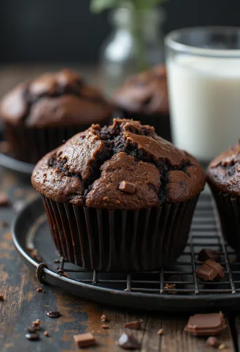 İçinde erimiş çikolata parçaları olan yumuşak hamurlu çikolatalı muffin