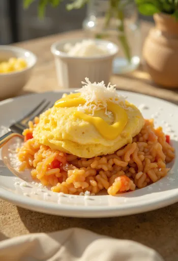 Hardallı ve Parmesan peynirli Omurice kasesi, renkli sebzelerle servis edilmiş