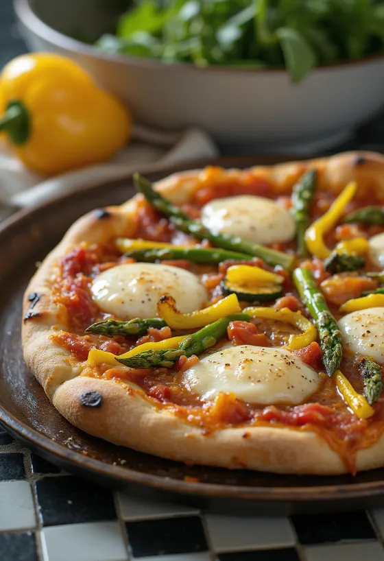 Bahar sebzeleri ve fesleğen ile Pizza Primavera