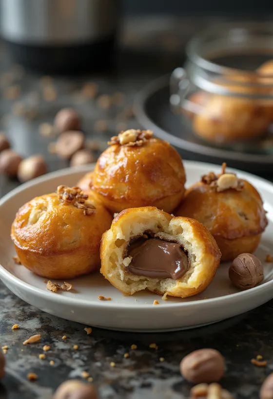 Altın sarısı pişmiş, üzerine pudra şekeri serpilmiş Nutella dolgulu æbleskiver