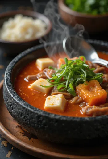 Gochujang jjigae, kore baharatlı çorbası, tofu ve etlerle