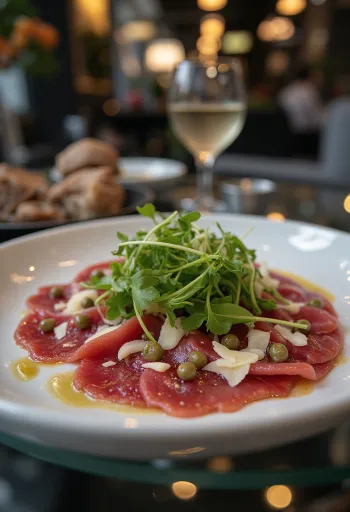 Roka, Parmesan ve kapari ile servis edilen At eti carpaccio.