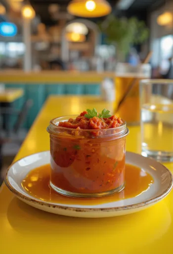 Izgara sebzelerle servis edilmiş Harissa sosu