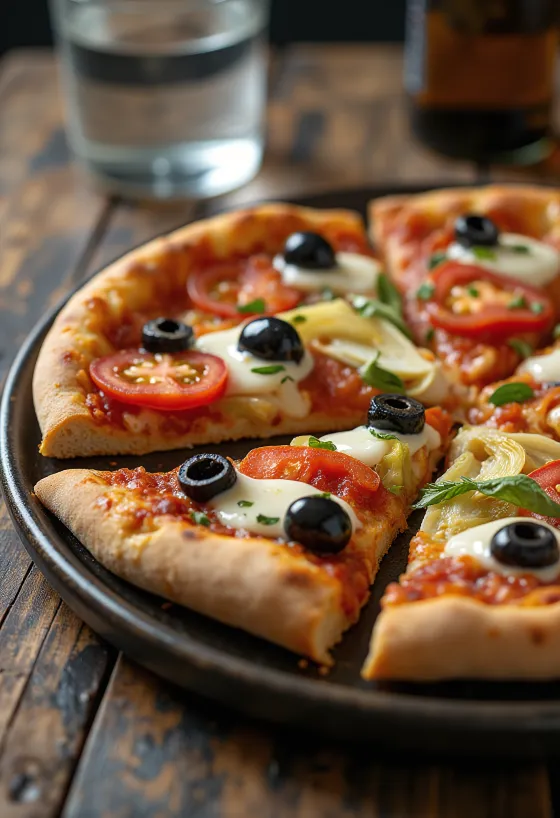 Zeytin, domates ve enginarlı Pizza Mediterranea