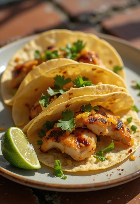 Misket limonu ve kişniş ile servis edilmiş pollo asado taco