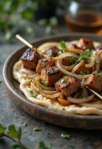 Izgara sebzelerle servis edilen şaşlık şişleri