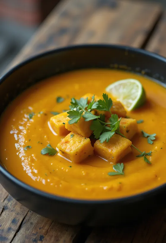 Körili tofu eşliğinde balkabağı kreması