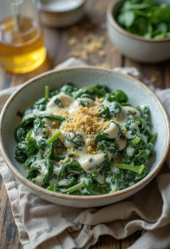 Beyaz tabakta servis edilen, taze pişmiş kremalı ıspanak