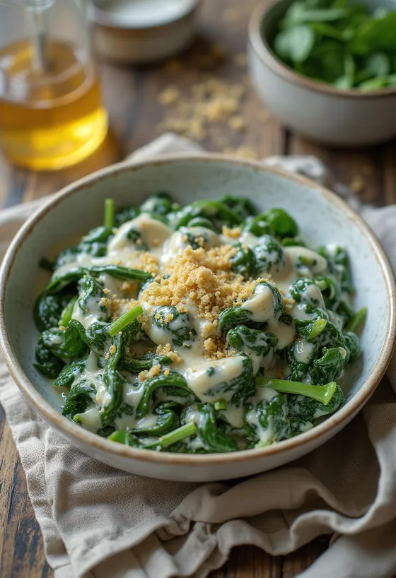 Beyaz tabakta servis edilen, taze pişmiş kremalı ıspanak