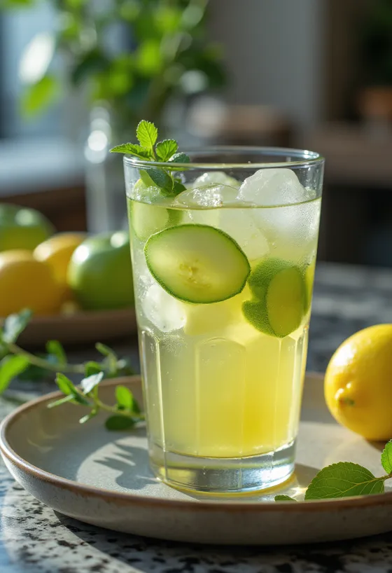 Taze servis edilmiş yeşil elmalı buzlu cider