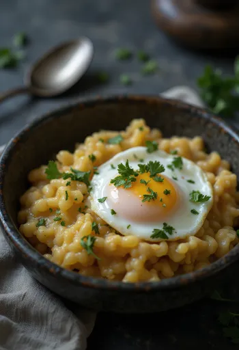 Taze kişnişle süslenmiş, limon suyu gezdirilmiş poşe yumurtalı Açorda