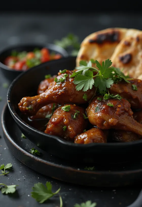 Taze naan ekmeği ile servis edilmiş, iştah açıcı baharatlı soslu Adobo tavuk