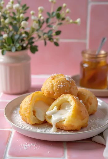 Ricotta dolgulu Æbleskiver, altın sarısı renkte, pudra şekeri serpilmiş olarak servis edilmiş