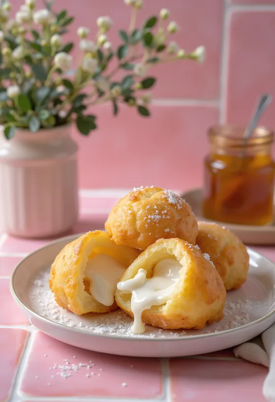 Ricotta dolgulu Æbleskiver, altın sarısı renkte, pudra şekeri serpilmiş olarak servis edilmiş