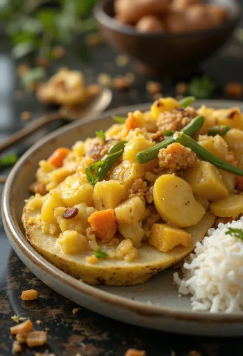 Patatesli Avial, bir kapta taze servis edilmiş Hindistan cevizli sebzeler