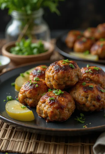 Frikadeller servis edilmiş haşlanmış patates ve lahana salatası ile