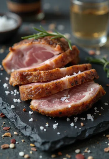 Limon dilimleri ve ızgara sebzelerle servis edilen Iberico pork secreto.