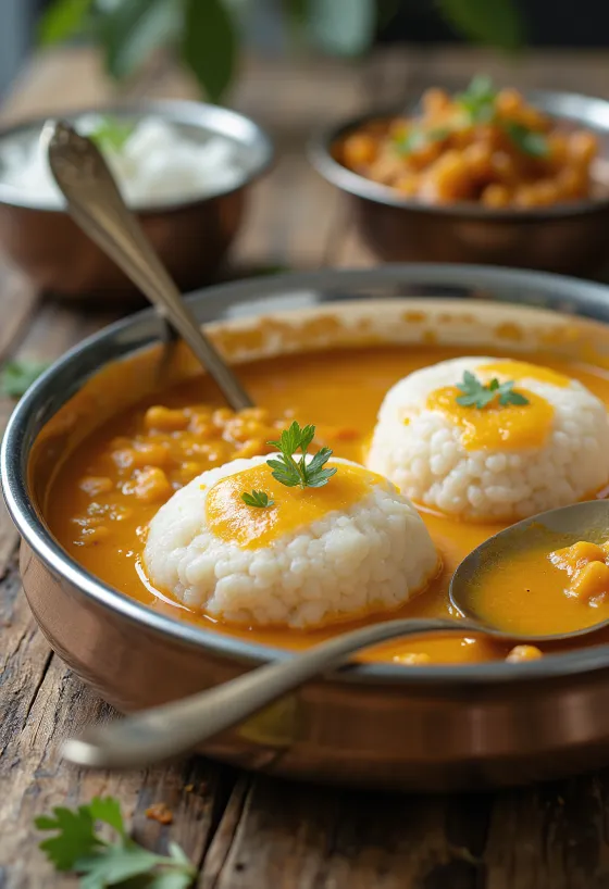 Taze hazırlanmış sambarlı idli, buharda pişmiş idli ve baharatlı mercimek sosu