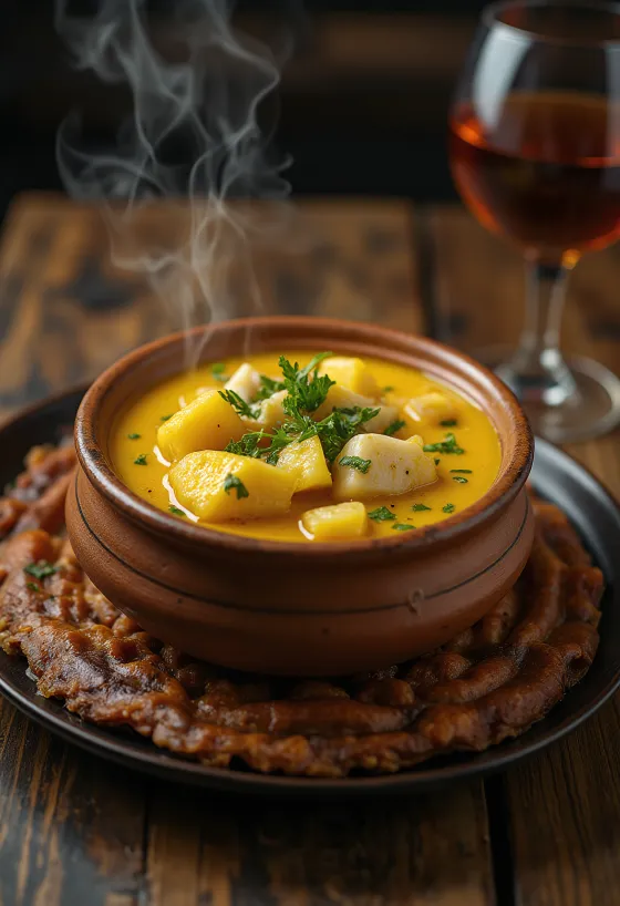 Ananas, balık ve Hindistan cevizi sütü ile servis edilen Moqueca