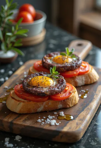 Pa amb tomàquet i albergínia, domatesli ekmek, közlenmiş patlıcan ve fesleğenle süslenmiş