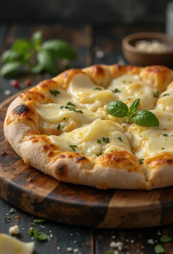 Çeşitli peynirler ve taze fesleğen ile servis edilen Pizza ai Formaggi