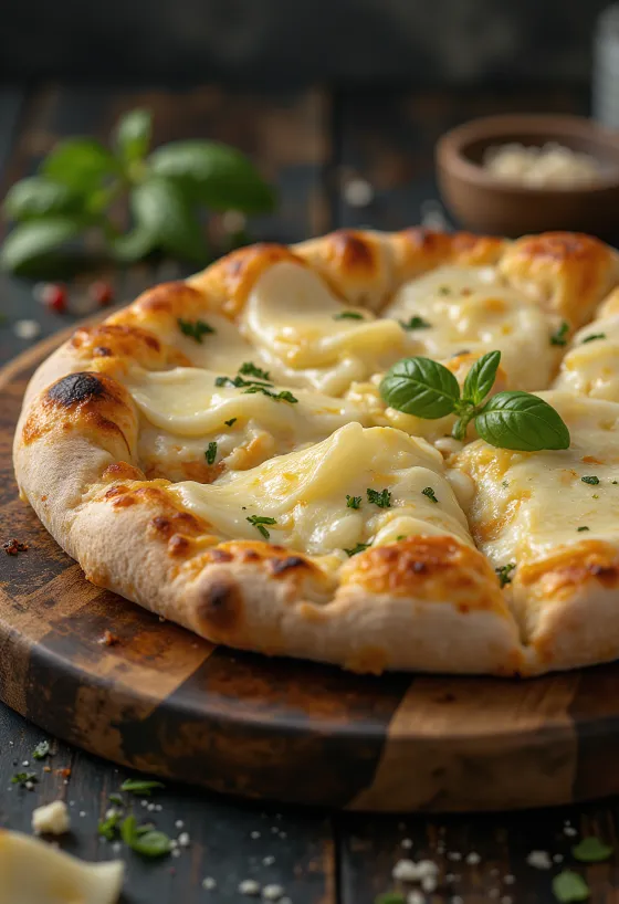Çeşitli peynirler ve taze fesleğen ile servis edilen Pizza ai Formaggi