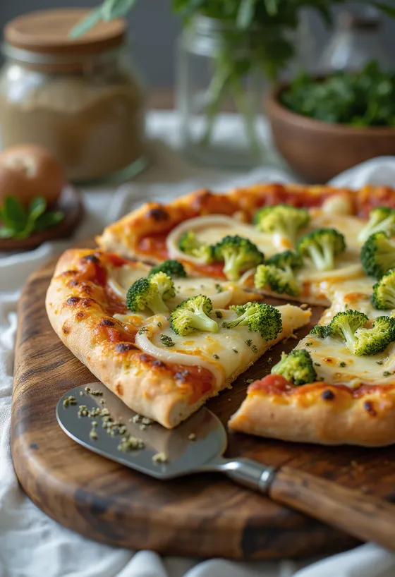 Brokoli ve pırasa ile süslenmiş prebiyotik vegan pizza