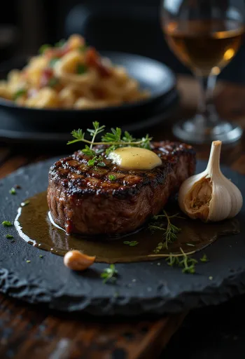 Nar gibi kızarmış, taze yeşillikler ve tereyağı ile servis edilen Rib eye steak