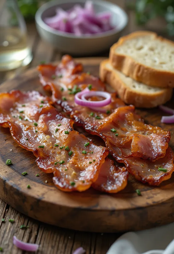 Kuru soğan ve ekmekle servis edilen Izgara Bacon