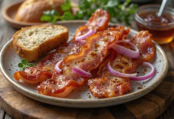 Kuru soğan ve ekmekle servis edilen Izgara Bacon