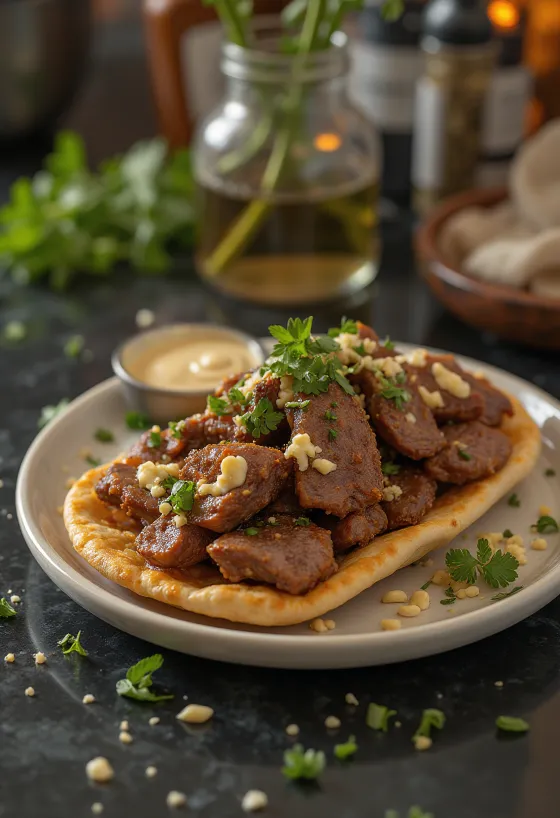 Taze sebzeler ve yoğurtla servis edilen kuzu etli Shawarma