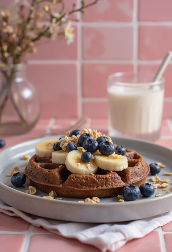 Yaban mersini ve badem ile servis edilmiş süper gıda waffle
