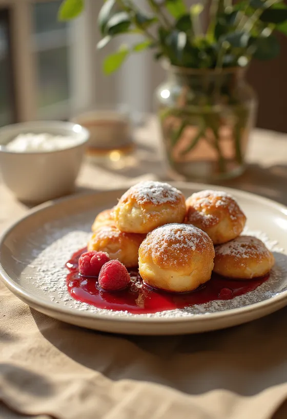 Ahududu reçeli ve pudra şekeri ile servis edilen Æbleskiver