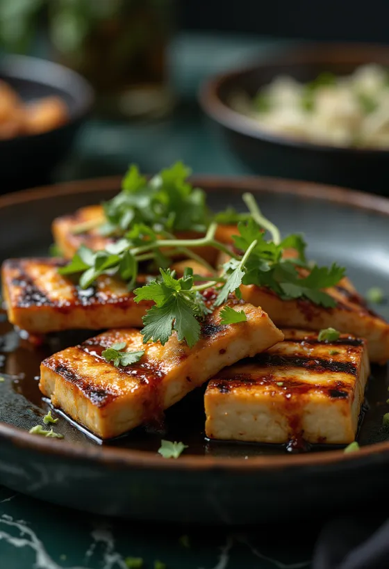 Servis edilmiş baharatlı soslu ızgara tofu