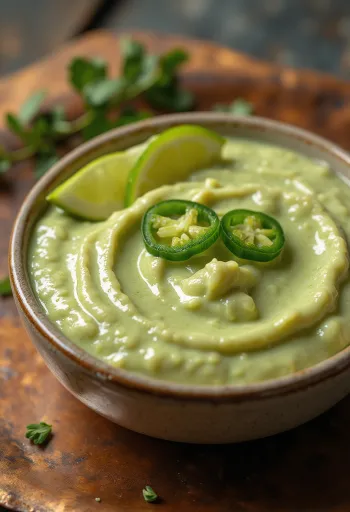 Misket limonu dilimleri ve taze kişniş ile süslenmiş bir kasede Jalapeño misket limonu sosu.
