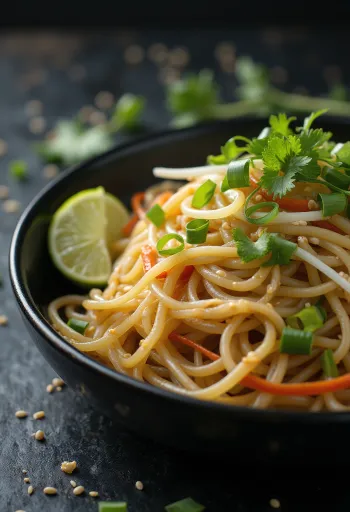 Misket limonlu Japchae servis edilmiş, tatlı patates eriştesi ve sebzelerle